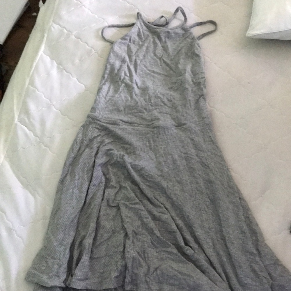 gray open back dress